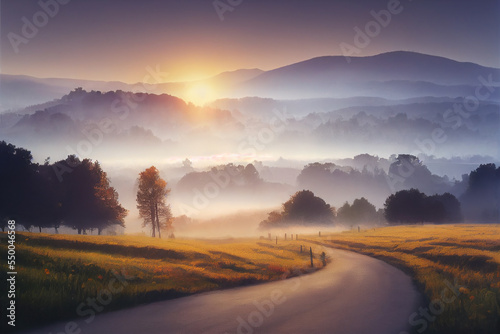 Winding Farm Road through Foggy Landscape - fields, meadow, sun during sunrise