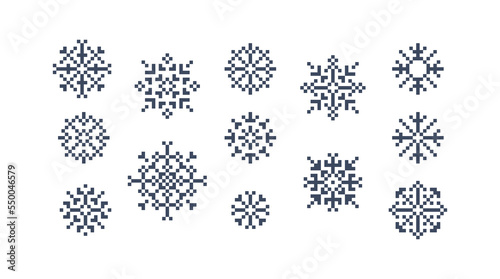 8 Bit pixel art snowflake icon set. isolated snow symbols.