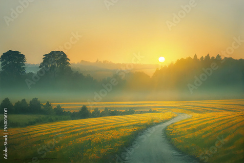 Winding Farm Road through Foggy Landscape - fields, meadow, sun during sunrise