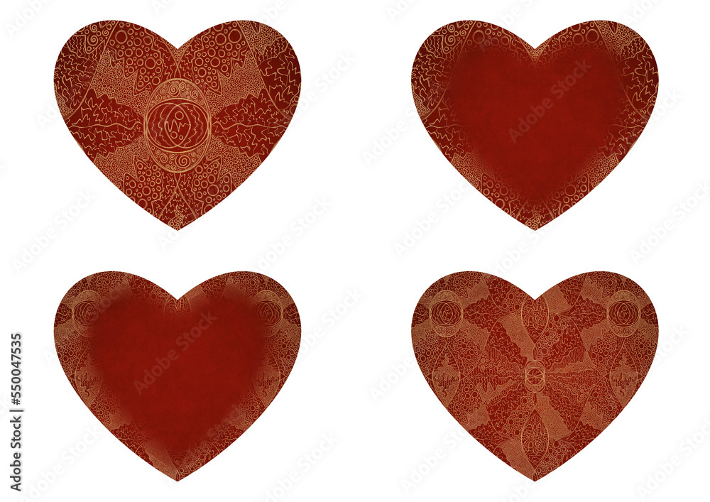 Set of 4 heart shaped valentine's cards. 2 with pattern, 2 with copy space. Deep red background and gold glittery pattern on it. Cloth texture. Hearts size about 8x7 inch / 21x18 cm (p05ab)