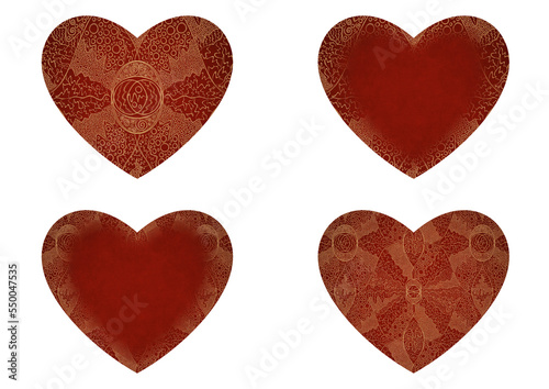 Set of 4 heart shaped valentine's cards. 2 with pattern, 2 with copy space. Deep red background and gold glittery pattern on it. Cloth texture. Hearts size about 8x7 inch / 21x18 cm (p05ab)