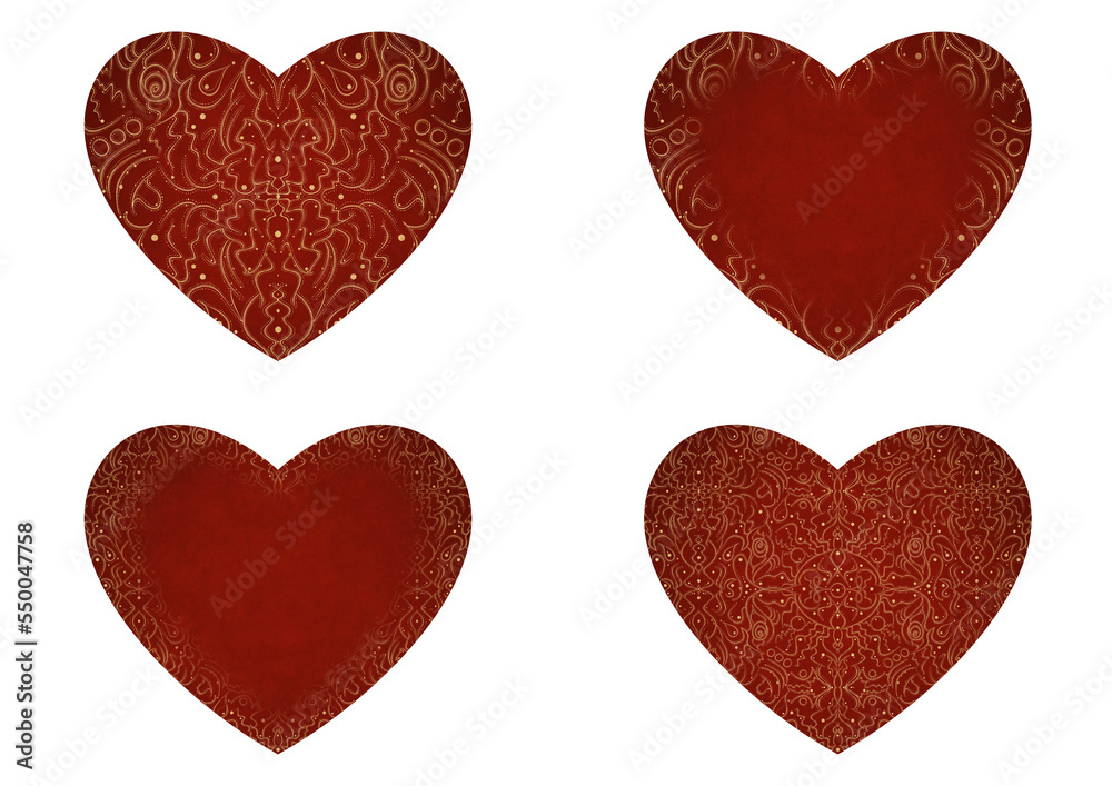 Set of 4 heart shaped valentine's cards. 2 with pattern, 2 with copy space. Deep red background and gold glittery pattern on it. Cloth texture. Hearts size about 8x7 inch / 21x18 cm (p07-2ab)