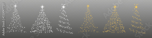 Set of shiny Christmas tree. Glittering lights in the form of a Christmas tree with bright shining. Christmas light effect. Golden glowing spruce. Vector EPS 10