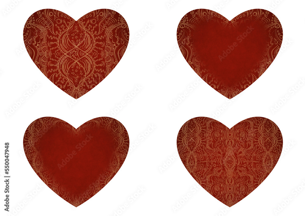 Set of 4 heart shaped valentine's cards. 2 with pattern, 2 with copy space. Deep red background and gold glittery pattern on it. Cloth texture. Hearts size about 8x7 inch / 21x18 cm (p09ab)