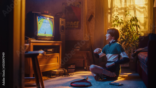 Young Sports Fan Watches a Tennis Match on Retro TV in His Room with Dated Interior. Happy Boy Supporting His Favorite Player, Feeling Excited About the Tournament. Nostalgic Childhood Concept.