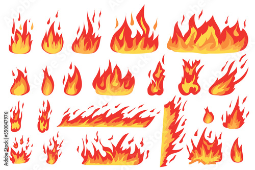 Burning fires set in cartoon design. Bundle of different types of flame effects in red and orange colors, flaming fireballs, wildfire border, bonfire other isolated flat elements. Illustration