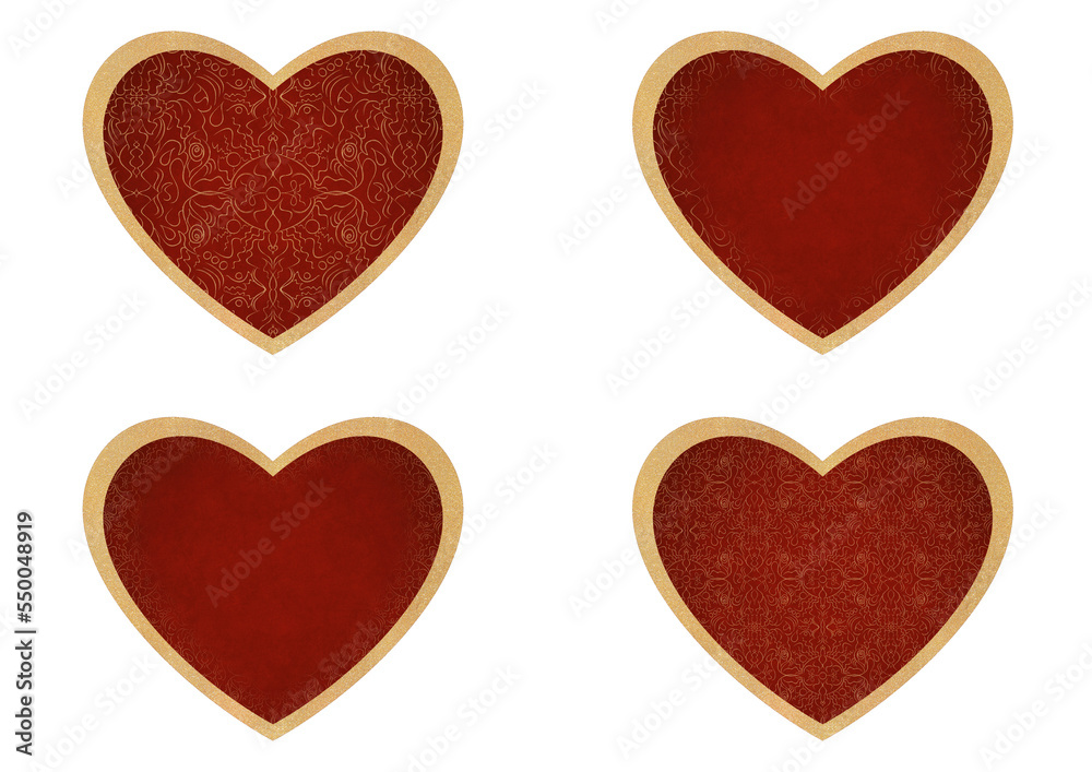 Set of 4 heart shaped valentine's cards. 2 with pattern, 2 with copy space. Deep red background and gold glittery pattern on it. Cloth texture. Hearts size about 8x7 inch / 21x18 cm (p07-1bc)