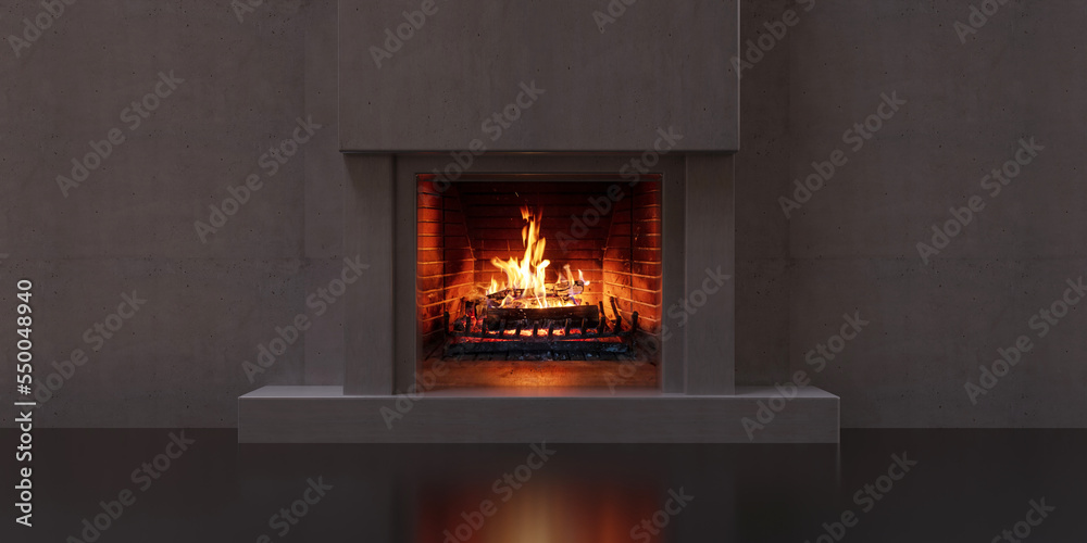 Fototapeta premium Burning fireplace, living room interior. Modern cozy home, front view. 3d
