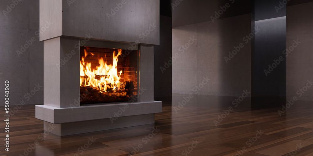 Obraz premium Burning fireplace, living room interior. Modern cozy home, empty space. 3d