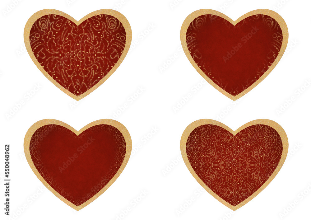 Set of 4 heart shaped valentine's cards. 2 with pattern, 2 with copy space. Deep red background and gold glittery pattern on it. Cloth texture. Hearts size about 8x7 inch / 21x18 cm (p07-2ab)