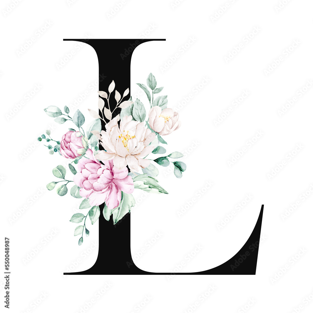 Floral alphabet, letter L with watercolor flowers and leaf. Monogram ...