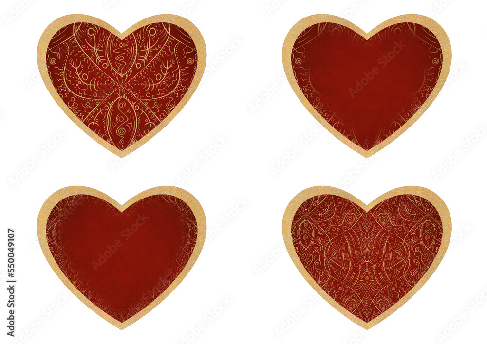 Fototapeta premium Set of 4 heart shaped valentine's cards. 2 with pattern, 2 with copy space. Deep red background and gold glittery pattern on it. Cloth texture. Hearts size about 8x7 inch / 21x18 cm (p08-2ab)