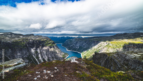 Norwegian landscape, sunny morning, blue sky. Deep valley and river, lake or fjord in Trolltunga area. Snow-capped mountains in the background and blueberry bushes in the foreground. Wide angle.