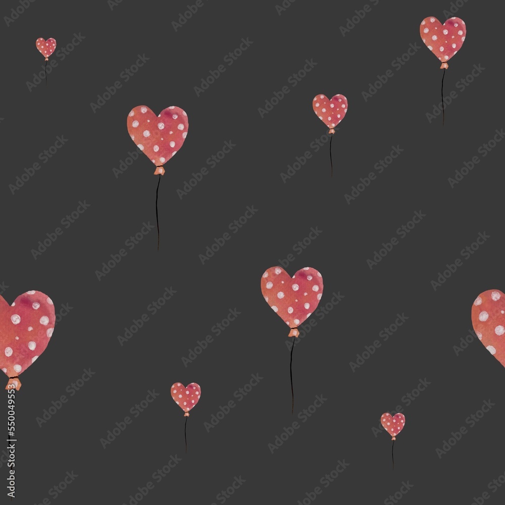 Balloon red heart grey pattern watercolor sketch
