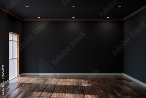 Empty room with black wall background wooden floor  Living room - 3D Rendering