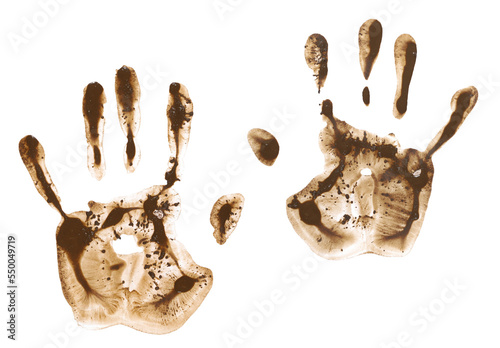  Hand print in wet mud isolated on white, with clipping path