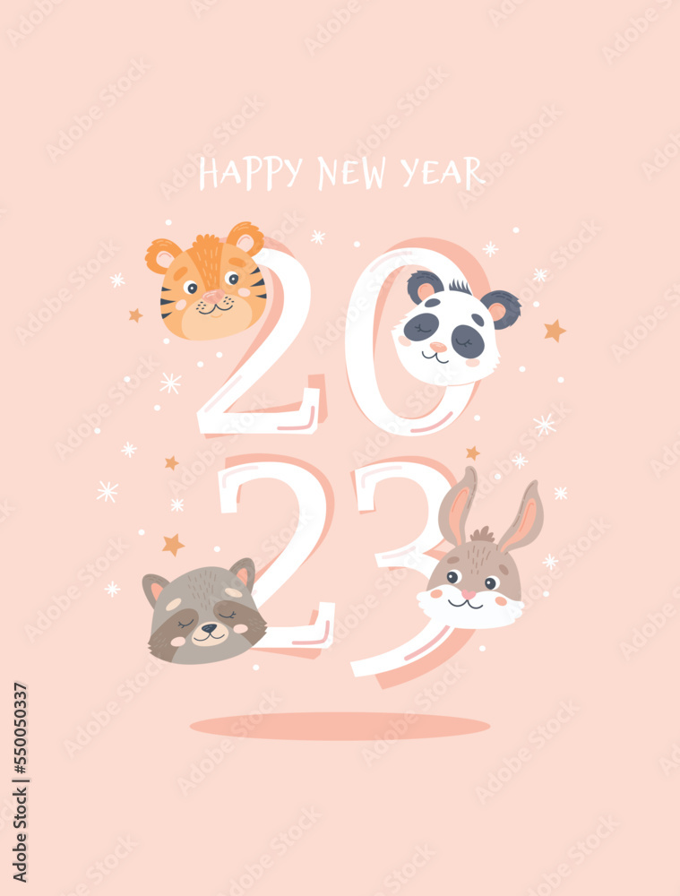 Happy new year, 2023 festive card template with cute animals. Vector llustration in flat style