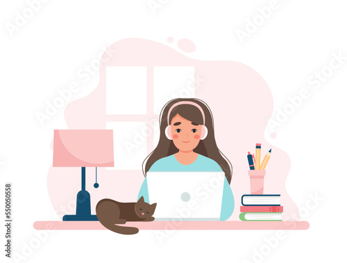 Woman working with computer, home office, student or freelancer. Customer service, call center and support. Cute concept vector illustration in flat style
