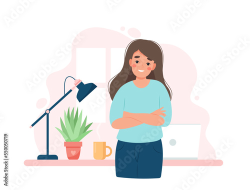 Woman entrepreneur standing in front of desk with crossed arms. Successful business woman smiling. Cute concept vector illustration in flat style