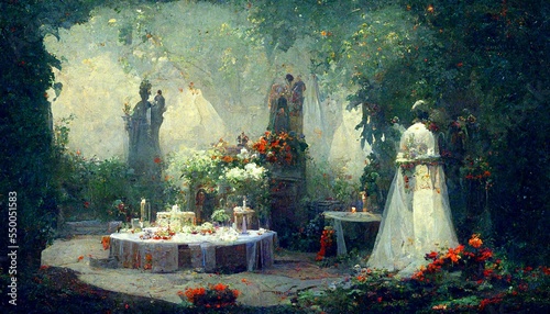 Foto Wedding ceremony altar in the park outside design illustration