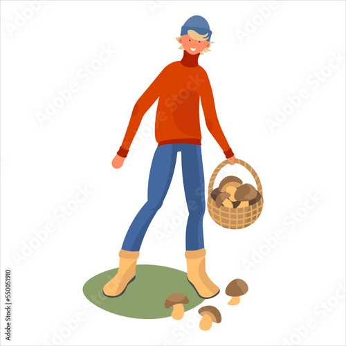 Mushroom picker illustration. Picking mushroom man with basket. Harvesting in autumn