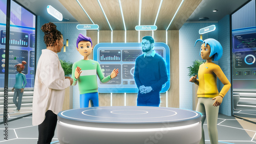 Corporate Business Meeting in Virtual Reality Office. Real Female Manager Standing Next to Two Avatars of Colleagues, and a Hologram of Another Specialist. Futuristic Metaverse Concept.