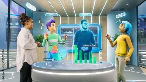 Corporate Business Meeting in Virtual Reality Office Space. Real Female Manager Standing Next to Two Avatars of Colleagues, and a Hologram of Another Specialist. Futuristic Metaverse Concept. photo