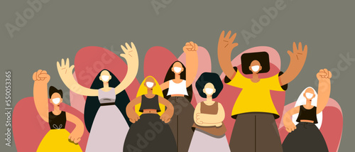 youth movement, gathering of different people, holiday, event, men and women stand side by side together, friendly greeting of social group of people, simple minimalist characters art