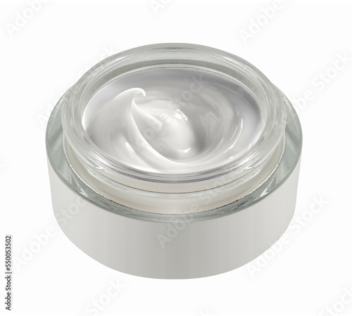 round glass jar with cosmetic cream, isolated on white background
