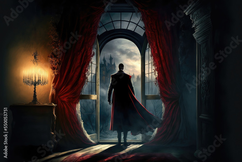 AI generated image of a scary vampire entering the bedroom of one of his victims. Count Dracula. photo
