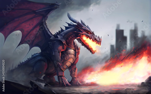 Fire Dragon with Knight army fantasy black winged dragon illustration, Fire breathes explode from a giant dragon on a heroic medieval knight on a horse in a black night, the epic battle fantasy game. © Studio Multiverse