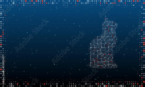 On the right is the cat symbol filled with white dots. Pointillism style. Abstract futuristic frame of dots and circles. Some dots is red. Vector illustration on blue background with stars