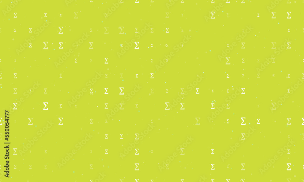 Seamless background pattern of evenly spaced white sigma symbols of different sizes and opacity. Vector illustration on lime background with stars