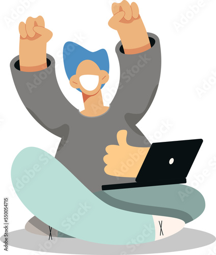 freelancer working from home, feedback, computer work, internet communication, character pose sitting on the floor