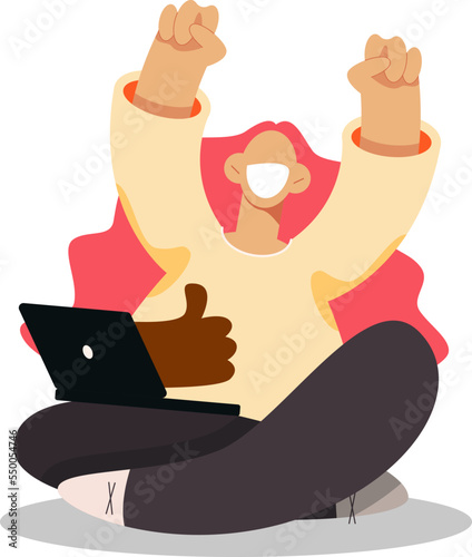 freelancer working from home, feedback, computer work, internet communication, character pose sitting on the floor