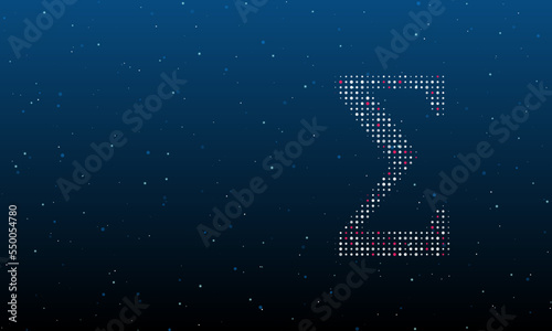 On the right is the sigma symbol filled with white dots. Background pattern from dots and circles of different shades. Vector illustration on blue background with stars