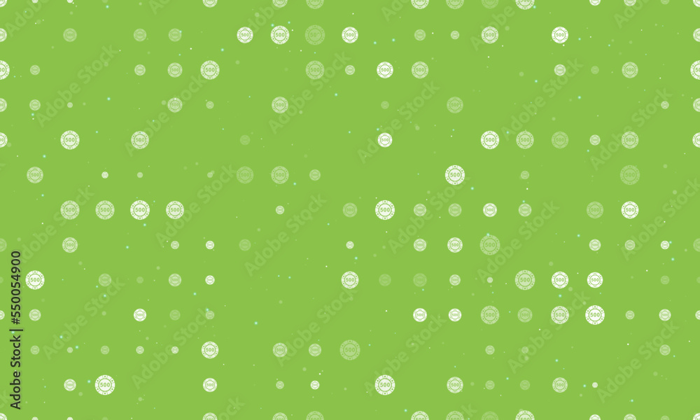 Seamless background pattern of evenly spaced white poker chip symbols of different sizes and opacity. Vector illustration on light green background with stars