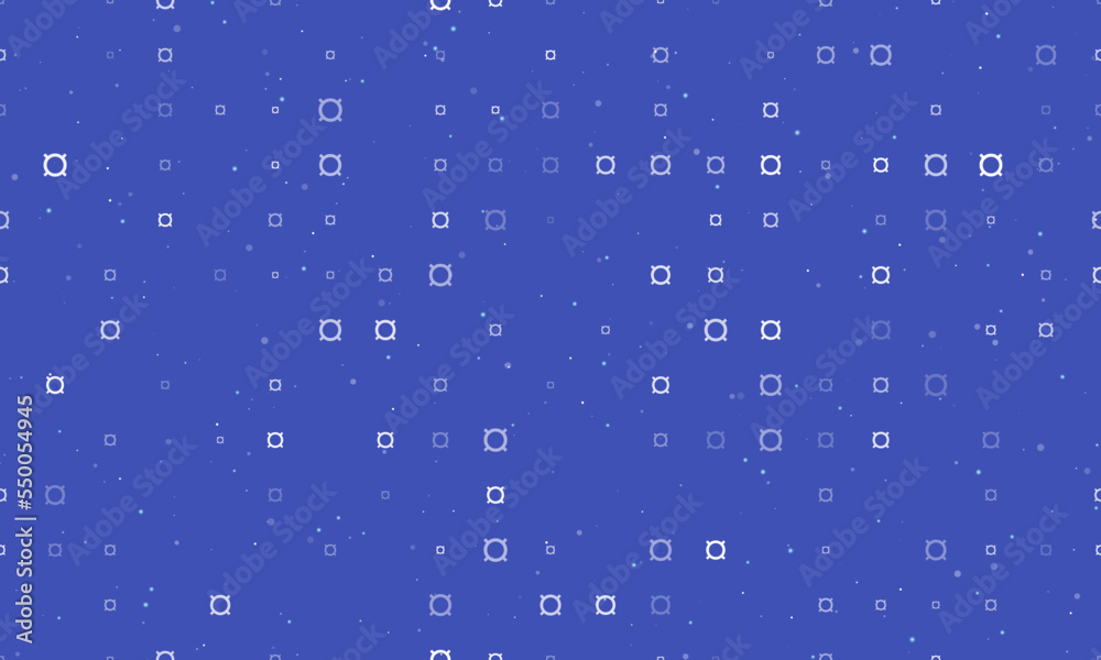 Seamless background pattern of evenly spaced white currency signs of different sizes and opacity. Vector illustration on indigo background with stars