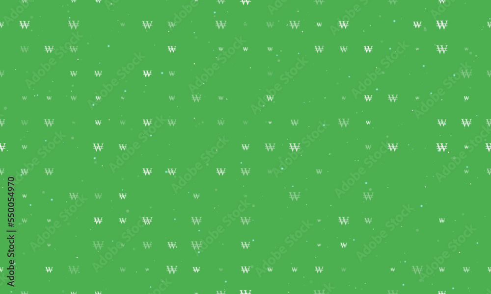 Seamless background pattern of evenly spaced white Korean won signs of different sizes and opacity. Vector illustration on green background with stars Seamless background pattern of evenly spaced white Korean won signs of different sizes and opacity. Vector illustration on green background with stars