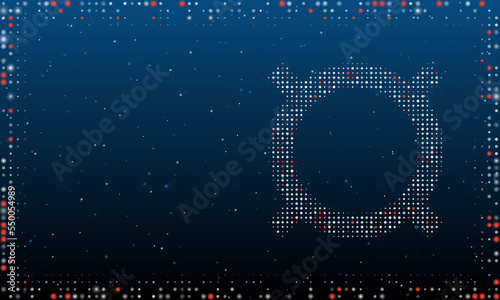 On the right is the currency symbol filled with white dots. Pointillism style. Abstract futuristic frame of dots and circles. Some dots is red. Vector illustration on blue background with stars