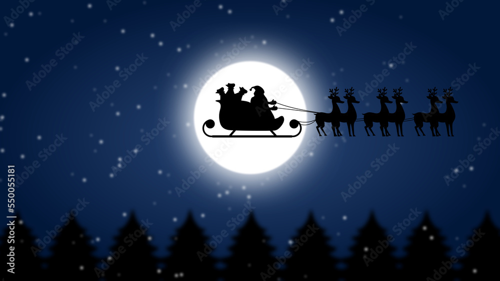 Naklejka premium Santa Claus with deer's with snow fall.