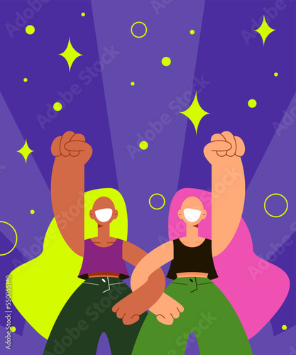 two girls stand together hand in hand, protection of women's rights, feminism, motivational poster, the concept of women's resistance