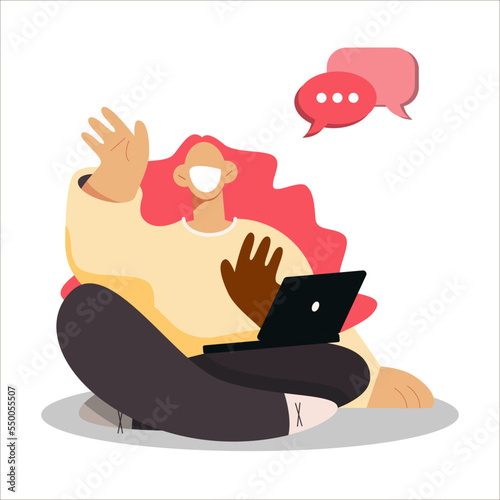 video call communication at home, comfortable home wear, sit on the floor, chat on laptop, modern character design, wave friendly, young happy woman