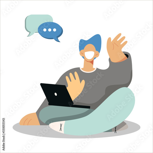 video call communication at home, comfortable home wear, sit on the floor, chat on laptop, modern character design, waving hand in a friendly manner, young happy man