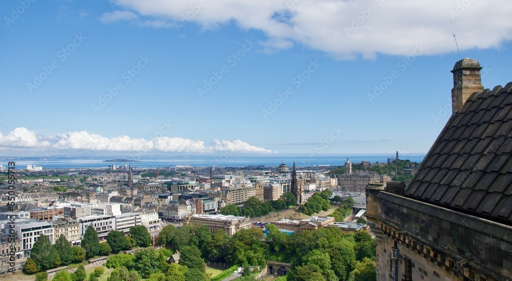 Panoramic view of new town Edinburgh with Firth of Forth in Scotland
