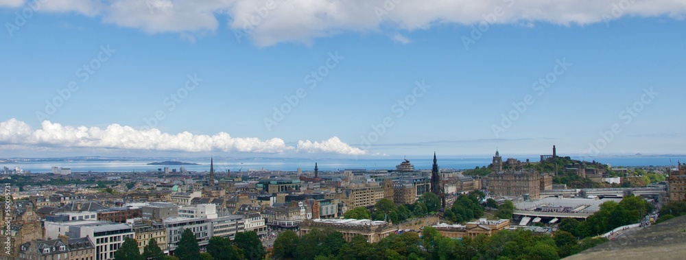 Panoramic view of old town Edinburgh with Firth of Forth in Scotland