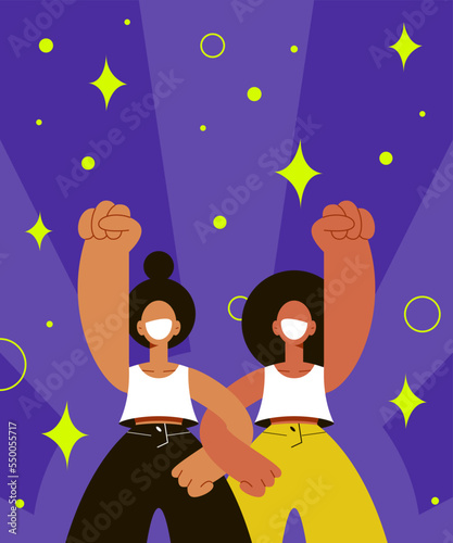 two girls stand together hand in hand, protection of women's rights, feminism, motivational poster, the concept of women's resistance