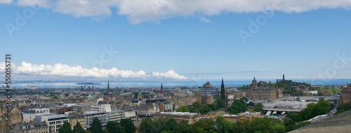 Panoramic view of old town Edinburgh with Firth of Forth in Scotland