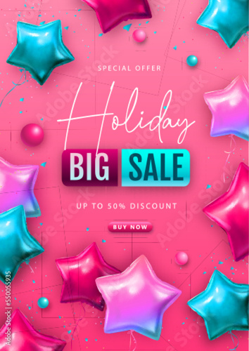 Holiday big sale typography poster with pink and blue star shaped balloons. Vector illustration