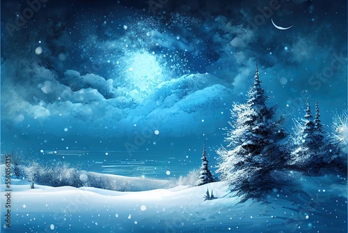 Christmas blue background with snow and snowflakes. Wintertime and snowy winter landscape